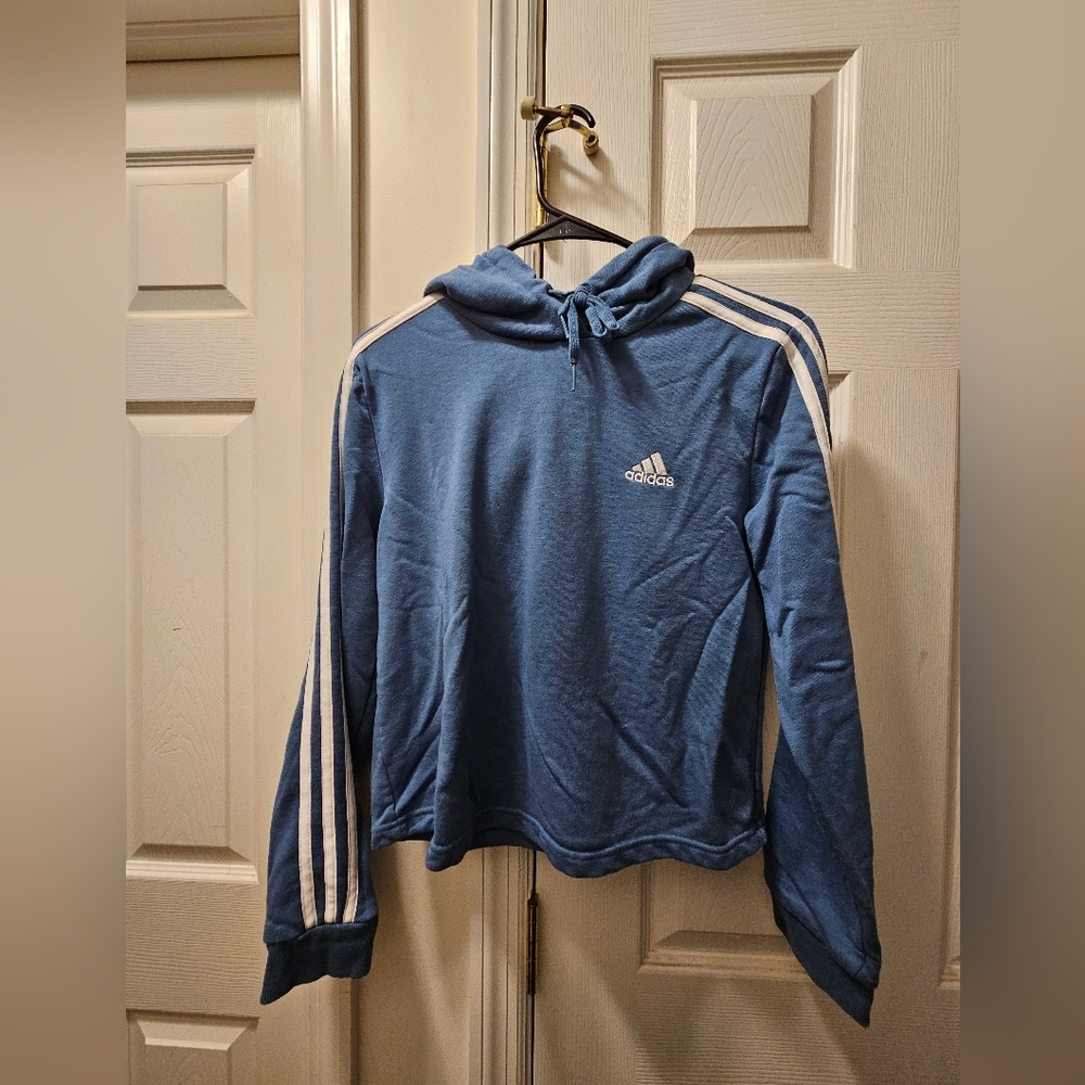 Adidas Women's Blue Hoodie with White Stripes